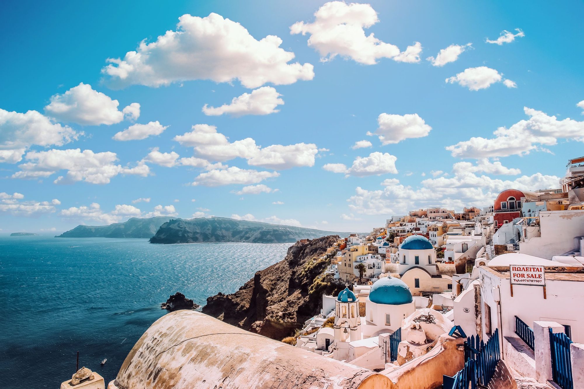 View over the Santorini caldera to the deep blue sea